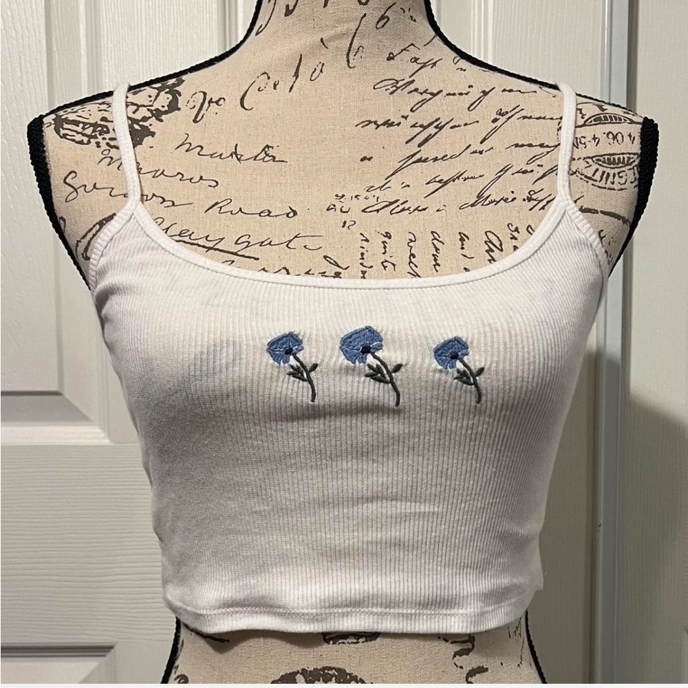 Hollister White Camisole with Blue Floral Embroidery
